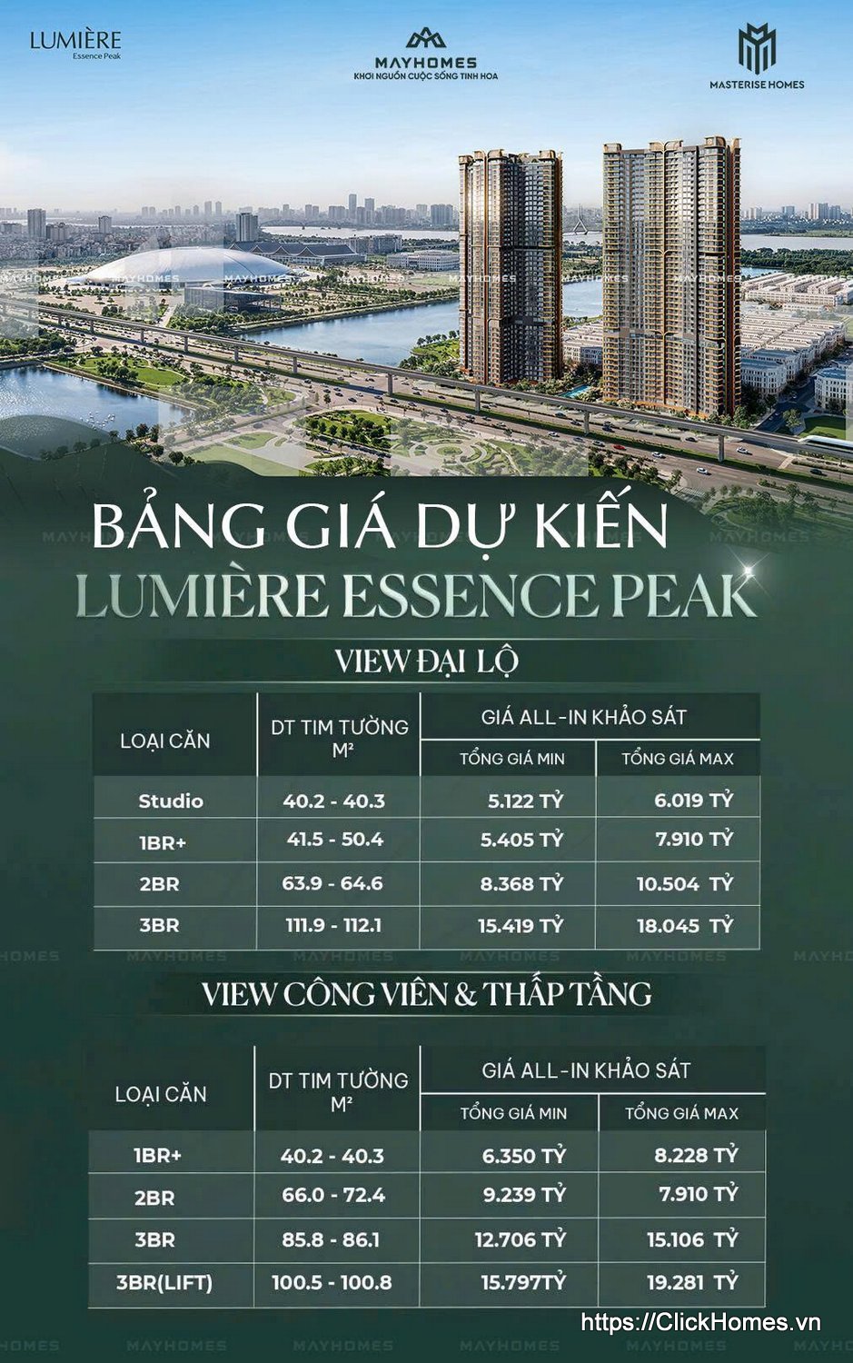 Bảng Giá Dự Kiến Dự Án LUMIÈRE Essence Peak 